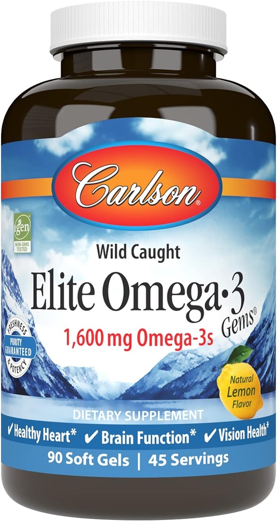 Carlson Elite Omega-3 Gems, 1600mg Omega-3s cu EPA & DHA, ulei norvegian de pește, aromă de lămâie, 90 Softgels