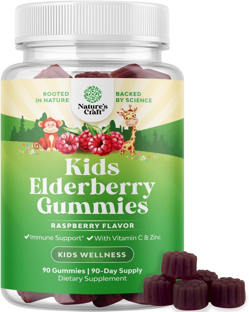 Nature Craft Sambucus Elderberry Gummies for Kids Health - Maitsev Black Elderberry Gummies koos tsingi ja C-vitamiini lastele Immune Support - želatiin ja gluteenivaba Mitte-GMO Immunity Support 90