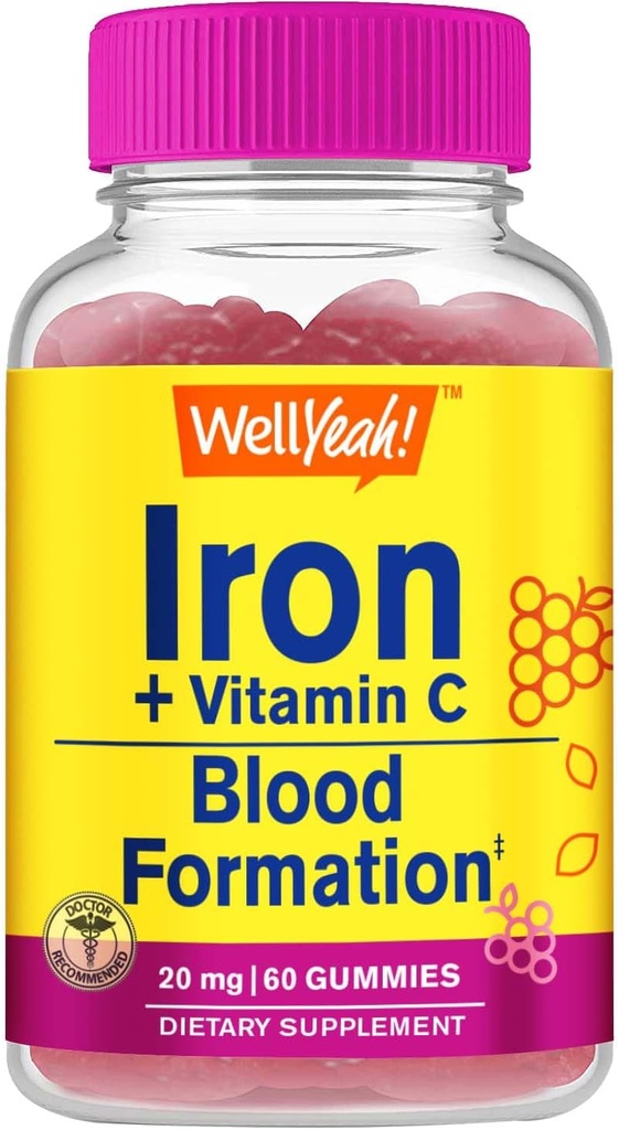 WellSi Iron Gummies with Vitamin C -Anemia and Cellular Energy Support, Promotes Red Blood Cell Formation - Energy & Immune System Support -Natural Grape Flavor-60 Gummies