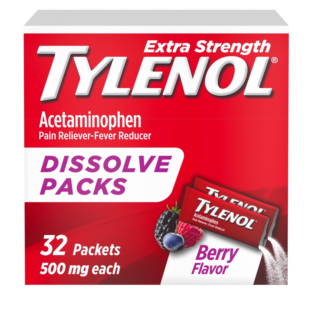 Tylenol Extra Strength Dissolve Powder Packs, 500 mg Acetaminophen Pain Reliever & Fever Reducer Medicine, Fast Relief for Minor Aches & Pains, Ibuprofen- & Aspirin-Free, On-the-Go Berry Flavor, 32 Ct