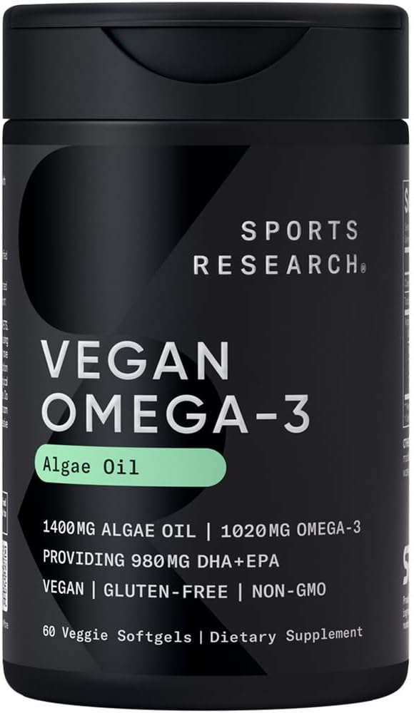 Spordiuuringud Vegan Omega-3 Kalaõli Alternatiiv vetikaõlist - Vegan DHA ja EPA rasvhapete kõrgeimad tasemed | Mitte-GMO testitud - 60 Veggie Softgels (Karrageenivaba)