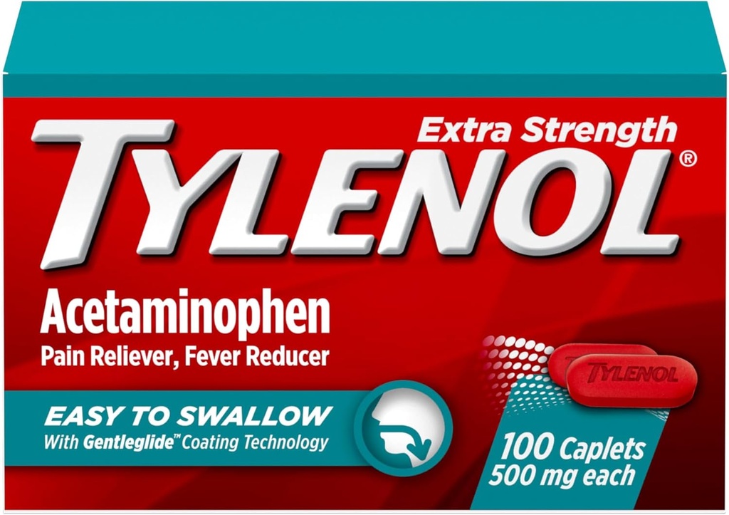 Tylenol Extra Forza Facile da ingoiare Acetaminophen, Dolore Reliever & Fever Riduttore Coated Caplets per Adulti con Gentleglide Technology, 500 mg Acetaminophen Extra Strength, 100 ct