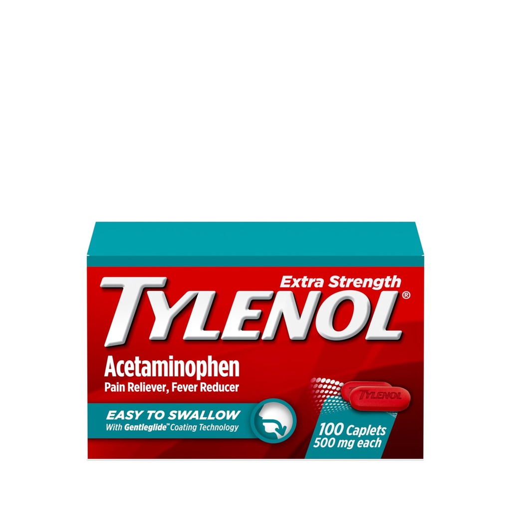 Tylenol Extra Strength Easy to Swallow Acetaminophen, Pain Reliever & Fever Reducer Coated Caplets for Adults with Gentleglide Technology, 500 mg Extra Strength Acetaminophen, 100 ct
