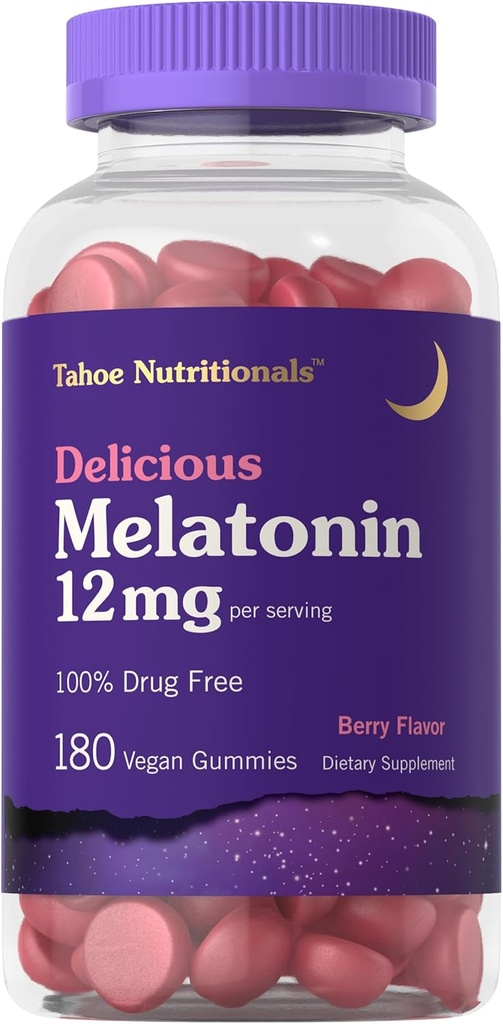 Carlyle Tahoe Nutritionals Melatonin Gummies 12mg | 180 Count | Berry Flavor Gummy | Drug Free Supplement | Vegan, Ez-GMO, Gluten Free