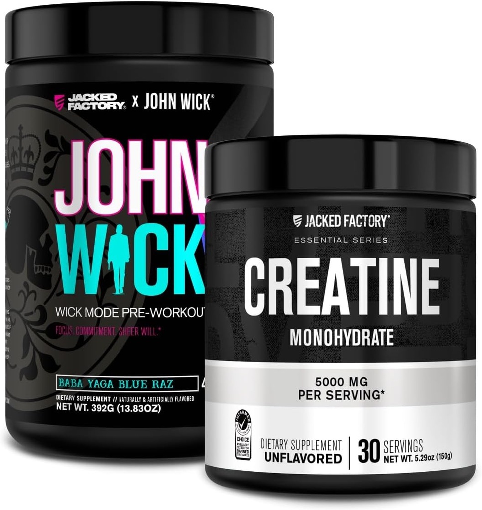 Jacked Factory X John Wick - Wick Mode Pre Workout Powder (Baba Yaga Blue Raz, 40 Servicións) e creatina Monohidrato Powder (Unflavored, 30 Servizos)