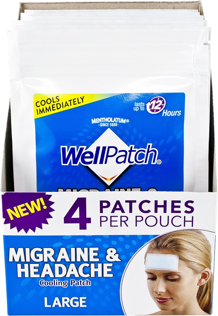 WellPatch Migraine ' Head chilling Patch - Drug Free, Lasts up to 12 Hours, Safe to Use with Medication - Large Patches (4 Packs of 4 Patches), each 4.3 x 2 in