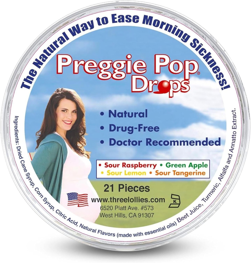 Preggie Pop Drops 21 Drops 怀孕期间的早间疾病 怀孕的妈妈和婴儿安全 Gluten Free 4 Flavors:柠檬,Raspberry,绿苹果,Tangerine