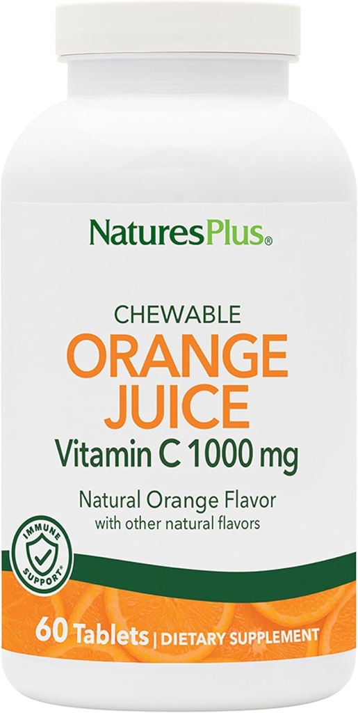 NaturesPlus Orange Juice - 60 Chewable Tablets - 1000mg Vitamin C - High-Potency Immune Support Supplement, Antioxidant - Vegan, Gluten Free - 60 portioner