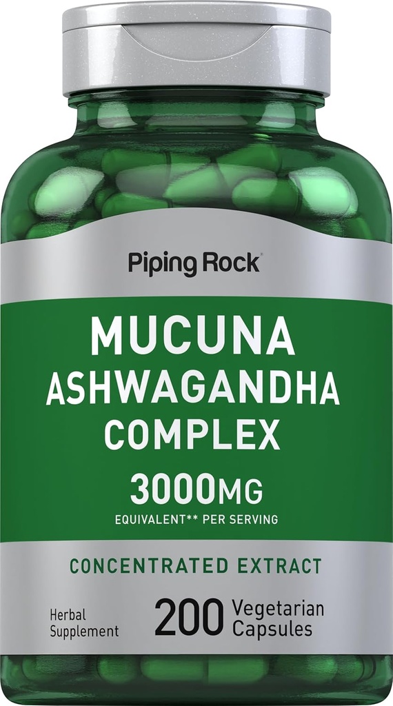Piping Rock Mucuna Ashwagandha 3000mg 200 Capsule Extrapulen les dones i els homes Zin Vegetarian, No-GMyn Free
