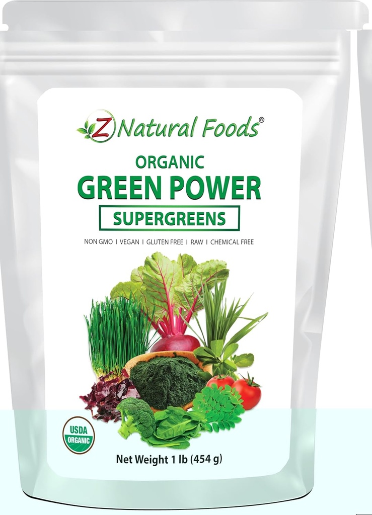 Z Natural Foods Organic Greens Superfood Powder - Barley Grass, Пшеничнагра, Спіруліна, Спінах, Брокколі, Алльфа-лаффа, Beet Root, Tomato, Dulse & Moringa - Raw Vegan Gluten Free - 1lb