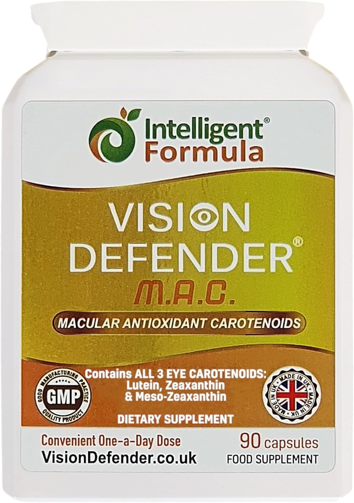 Vision Defender MAC Suplement do oczu: Luteina, Zeaksantyna i Mezo- Zeaksantyna Potrójne przeciwutleniacze Karotenoidy dla Eye Health and Eyesight (90 Kapsułki / Jedna Kapsułka Daily) Made in UK