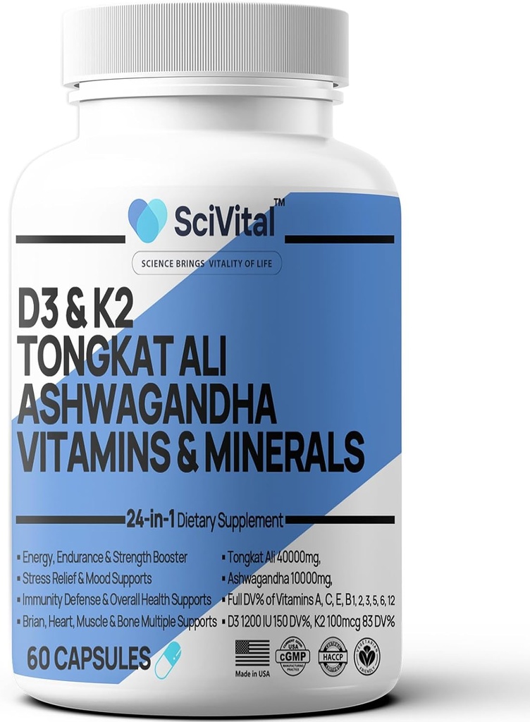 Ashwagandha 10000mg Tongkat Ali 40000mg Dodatek s Multivitamin D3 K2 - Zdraví a stres mužů, Mood, Energie, Endurance Support - Ashwagandha Kapsle Tongkat Ali pro muže USA - 60 Počet