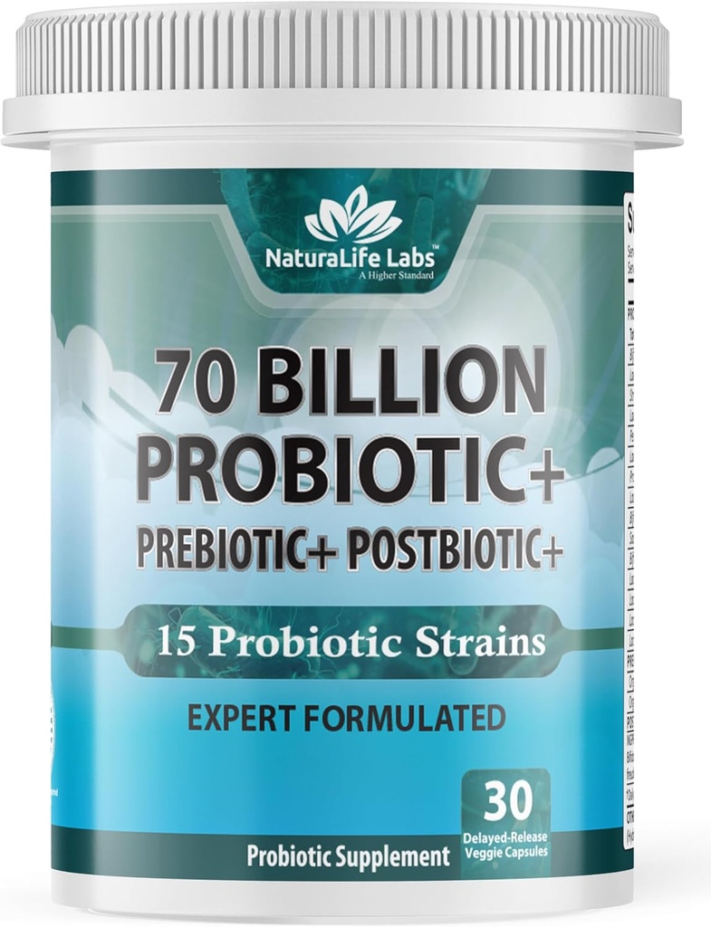 NaturaLife Labs Probiotyka 70 Miliard CFU - 15 Szczepów z Organic Prebiotic & Postbiotic - 3- in-1 Formuła - 30 Kapsułki wegańskie