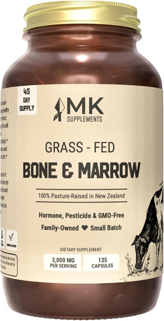 MK Supplements Grass-Fed Beef Bone & Marrow Supplement, Stöder Hälsosamma Joints, Bones, Teeth, Immune Support, Freeze-Dried, Non-GMO, 45 Servings (3 000 mg vardera)