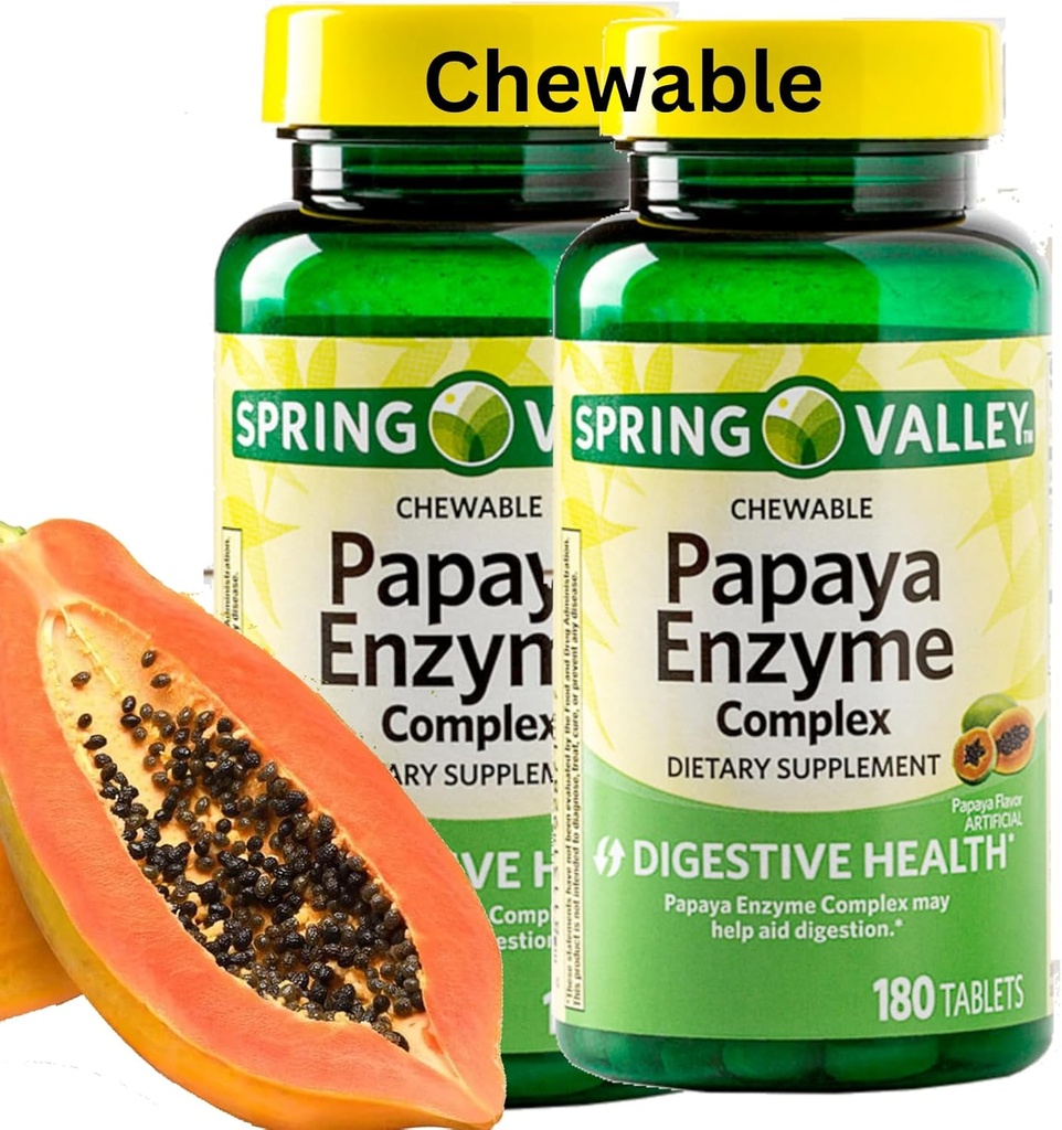 Spring Valley Papaya Enzyme Chewable - 360 Veganských tablet, Bromelain Nová formule stravitelná pomoc