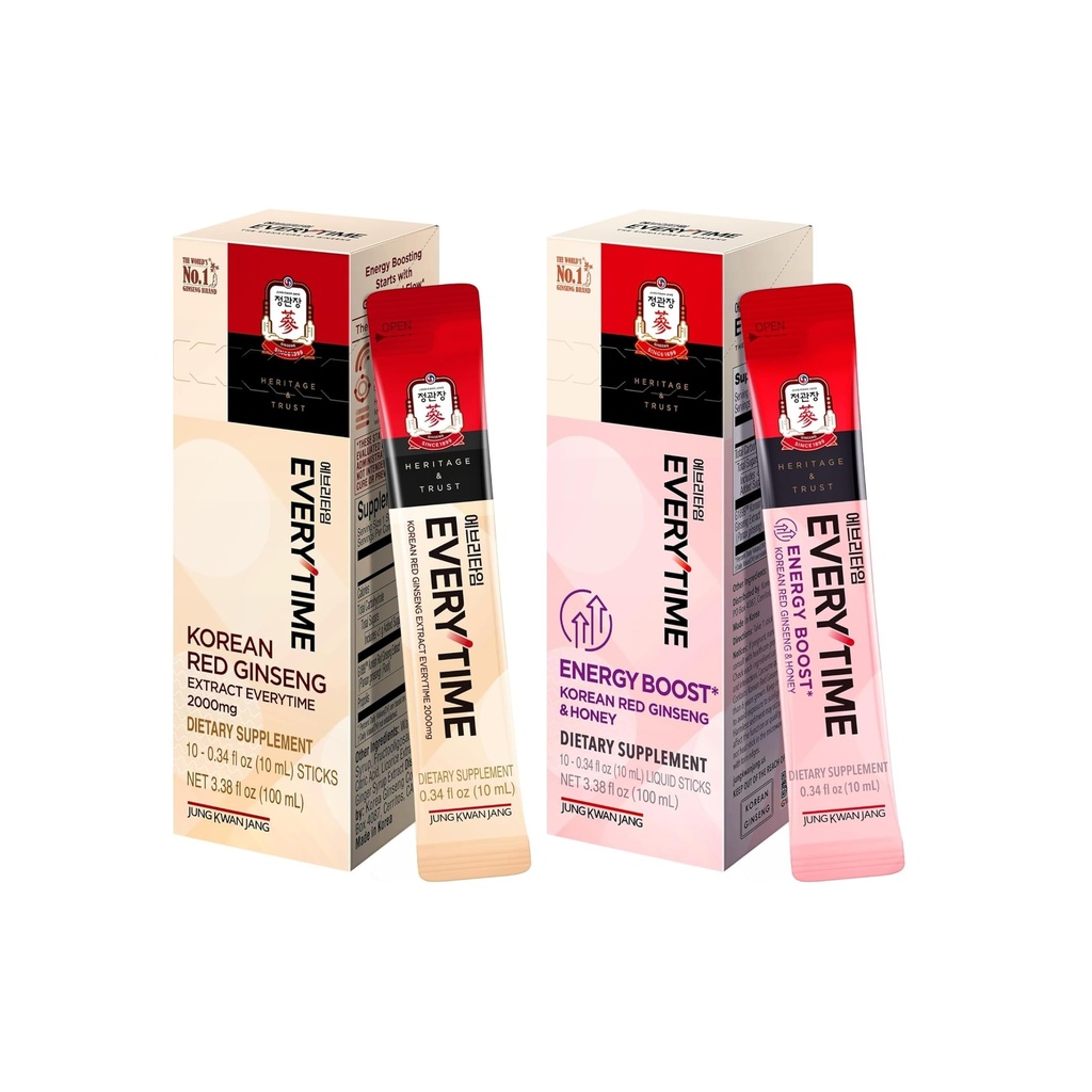 JUNG KWAN JANG Everytime Korean Red Ginseng Liquid Stick Bundle - 2,000mg Red Ginseng with Propolis + 1,000mg Red Ginseng & Honey – Caffeine-Free (20 Sticks Total)