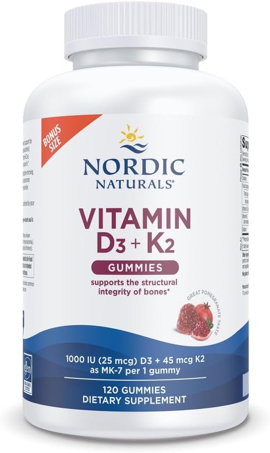 Nordic Naturals Vitamin D3 + K2 Gummis, Granatapfel - 120 Gummis - 1000 IU Vitamin D3 + 45 mcg K2- Großer Geschmack - Knochengesundheit, fördert gesunde Muskelfunktion - Nicht-GMO - 120 Servierungen