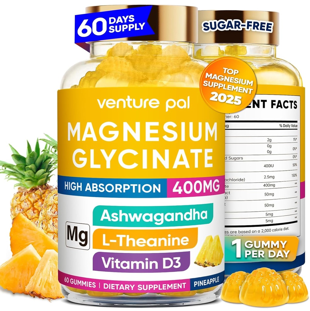 60 Day Supply Magnesium Glycinate 400mg Gummies with Ashwagandha, L-Theanine, CoQ10, Vitamin D3 & B6, Sugar Free Magnesium Gummies for Adults & Kids, Stress Relief, Sleep & Calm, Vegan, Gluten Free