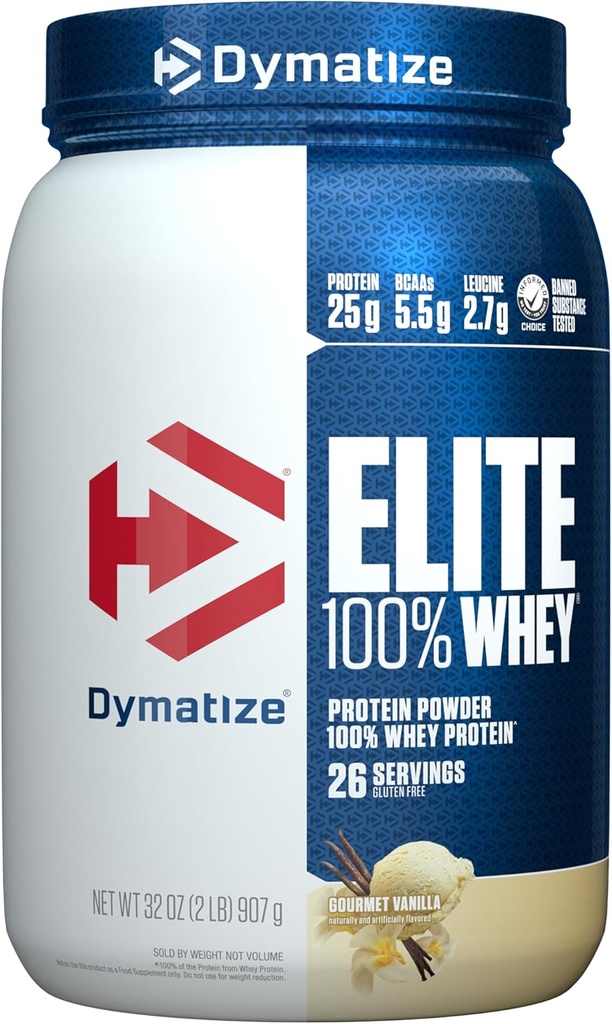 Dymatize Elite 100% Whey Protein Powder, L-Leucina, Assorbimento rapido e digestione rapida per il recupero ottimale del muscolo, Gourmet Vanilla, 32 Oz