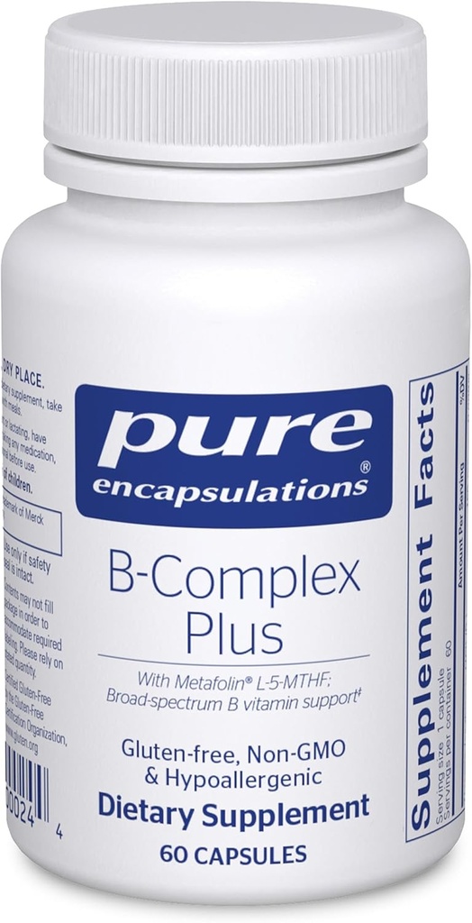 Encapsulacións puras B-Complex Plus - Suplemento de vitaminas B para apoiar a saúde neurolóxica, saúde cardiovascular, niveis de enerxía e soporte do sistema nervioso* - con vitamina B12 e máis - 60 cápsulas