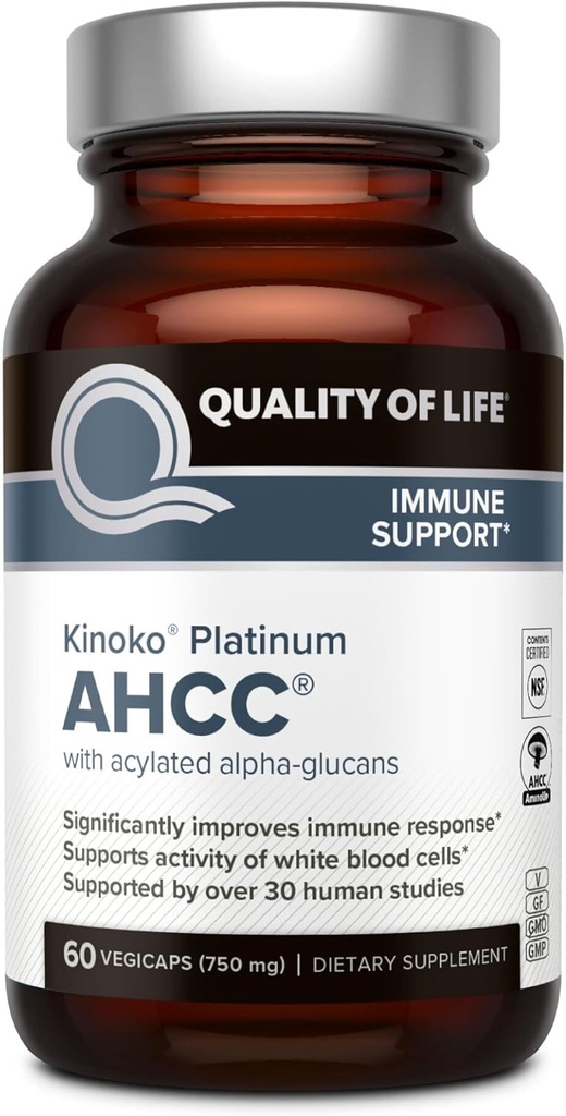 生活质量 Premium Kinoko Platinum AHCC 草药补充剂,每卡普尔750mg,用于免疫支持,liver功能,维护自然杀手细胞活动,包1,60 Veggie Capsules