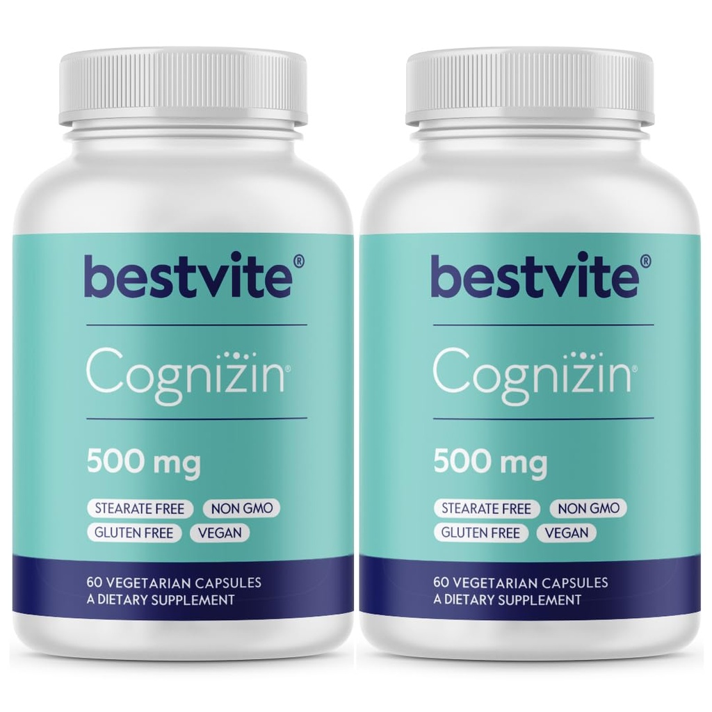BESTVITE Cognizin Citicoline 500mg (120 Vegetarian Capsules) (60x2) - Clinically Studied Premium Choline Nootropic - No Stearates - Vegan - Gluten Free - Brain Supplements for Memory and Focus
