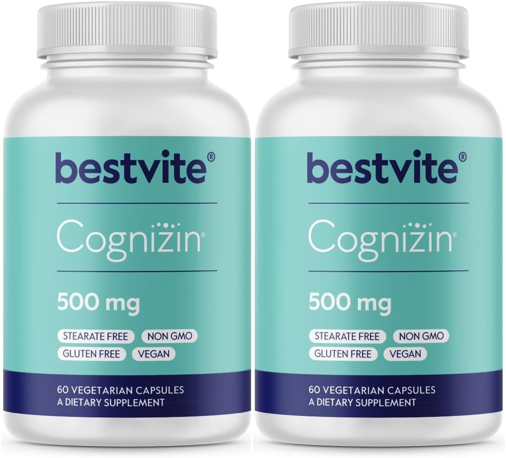BESTVITE Cognizin Citicoline 500mg (120 Vegetarian Capsules) (60x2) - Clinically Studied Premium Choline Nootropic - No Stearates - Vegan - Gluten Free - Brain supplements for Memory and Focus