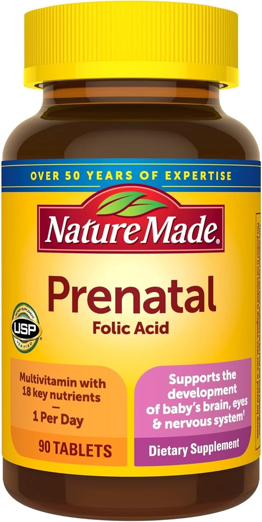 Nature Made Multivitamínico prenatal con ácido fólico, vitamina prenatal e suplementos minerais para o apoio nutricional diario, tabletas 90, subministración de 90 días