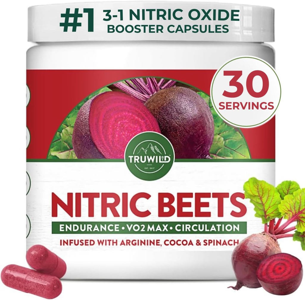 TruWild All Natural Beet Root Powder, Nitric Oxide Booster, 1000mg, Vegan Superfood Capsule Supplement, Beetroot Extract unterstützt Gesamtgesundheit, Leistung & Stamina, 30 Portionen