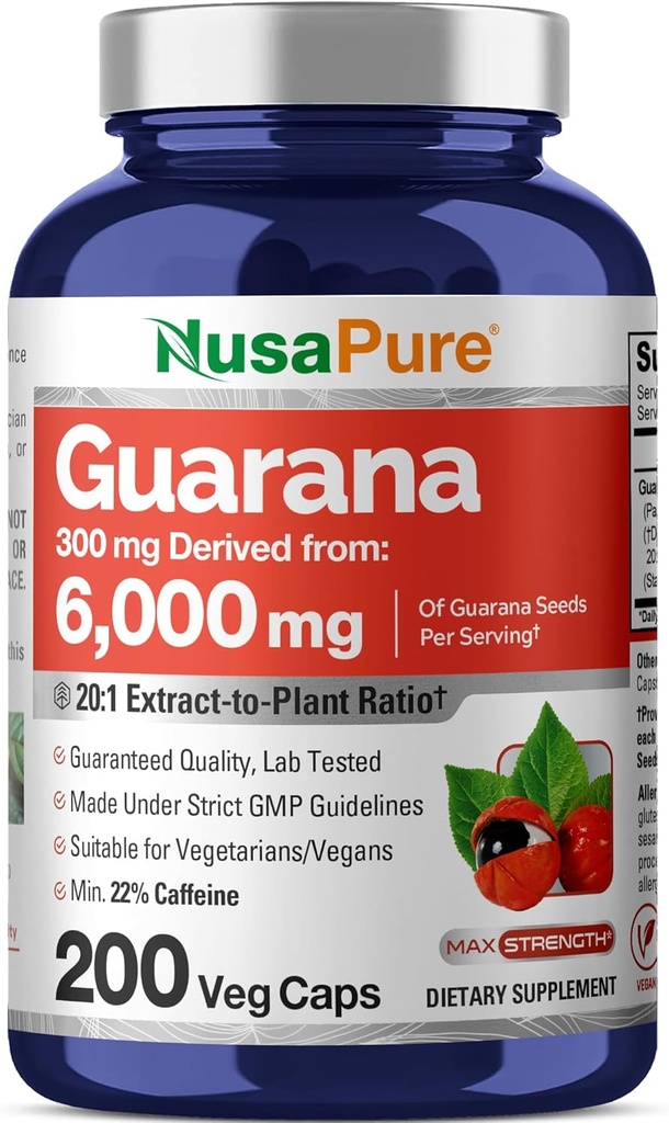 NusaPure Guarana Extrakt 20:1 Extrakt, 300 mg entspricht 6.000 mg pro Veggie Caps 200 Count (Non-GMO, Vegan)