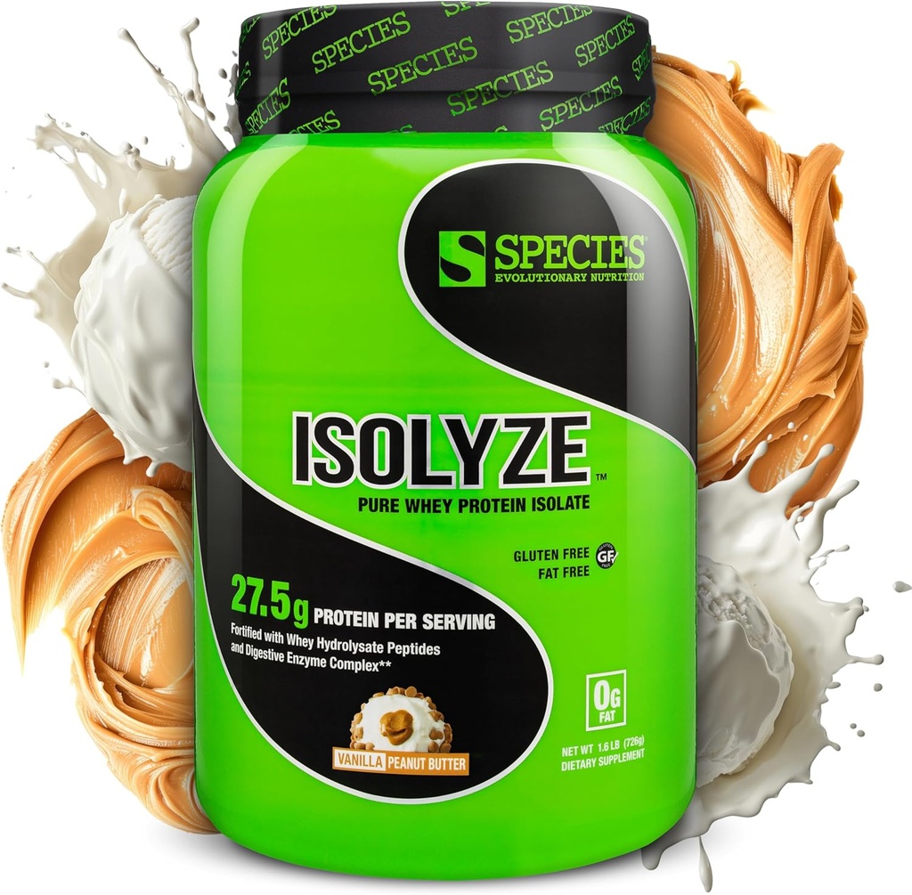 אכילת מינים Isolyze אבקת חלבון Whey, 100% Whey Isolate עבור בניין שרירים, 27.5g חלבון Per Scoop, No Sugar & Low Fat (Vanilla Peanut Butter, 22 משרתים)