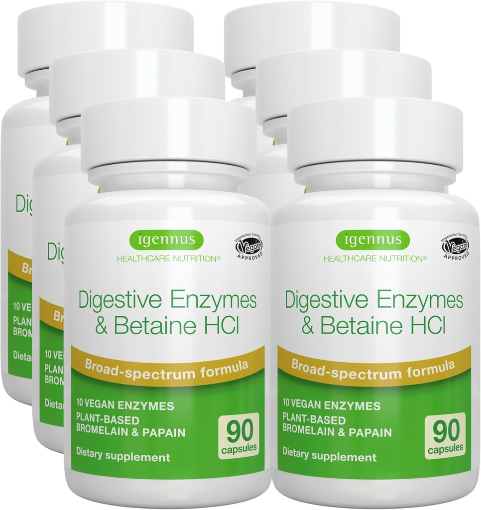 Igennus Fast Action Decompensative Enzymes & Betaine HCl, 10 Broad Spectrum Enzymes with Protease, Lipase & Lactase, Papain & Bromelain, Plant Based Vegan, Clean Label, for Women and Men, 6 Pack