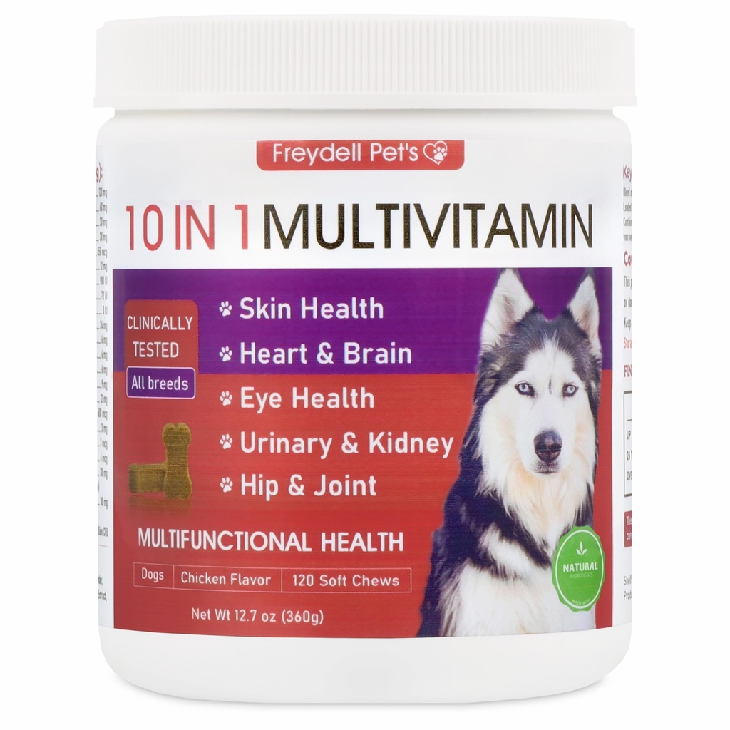 Freydell Pets 10-in-1 Multivitamin Dog Supplement – Glucosamine & Chondroitin Joint Support, Probiotics for Gut Health, Omega Fish Oil Skin & Coat, Immune & Allergy Support Vitamins (120 Chews)