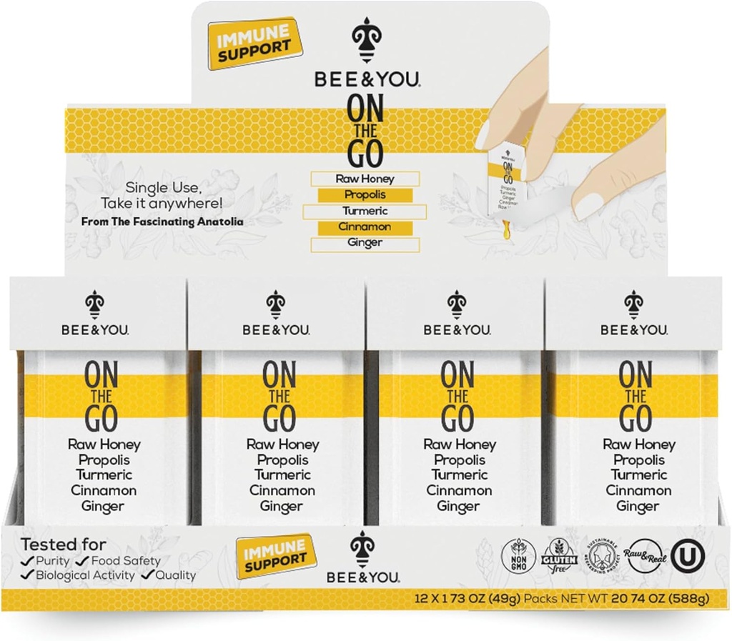 Bee and You On The Go, Immune Support Supplement, Raw Honey, Propolis, Turmeric, Cinnamon, Ginger, Superfrood, Great Tasting, for Kids and Adults, 12 Pack, 1.73 oz Each