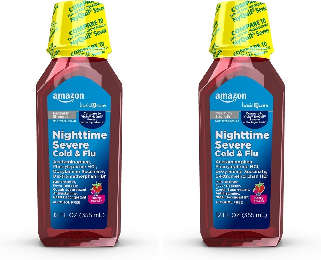 Basic Care Nighttime Severe Cold and Flu Syrup, Max Strength Liquid Medicine, Multi-Symptom Relief, för vuxna och barn 12 år och äldre, Mixed Berry Flavor, 12 fl oz (Pack of 2)