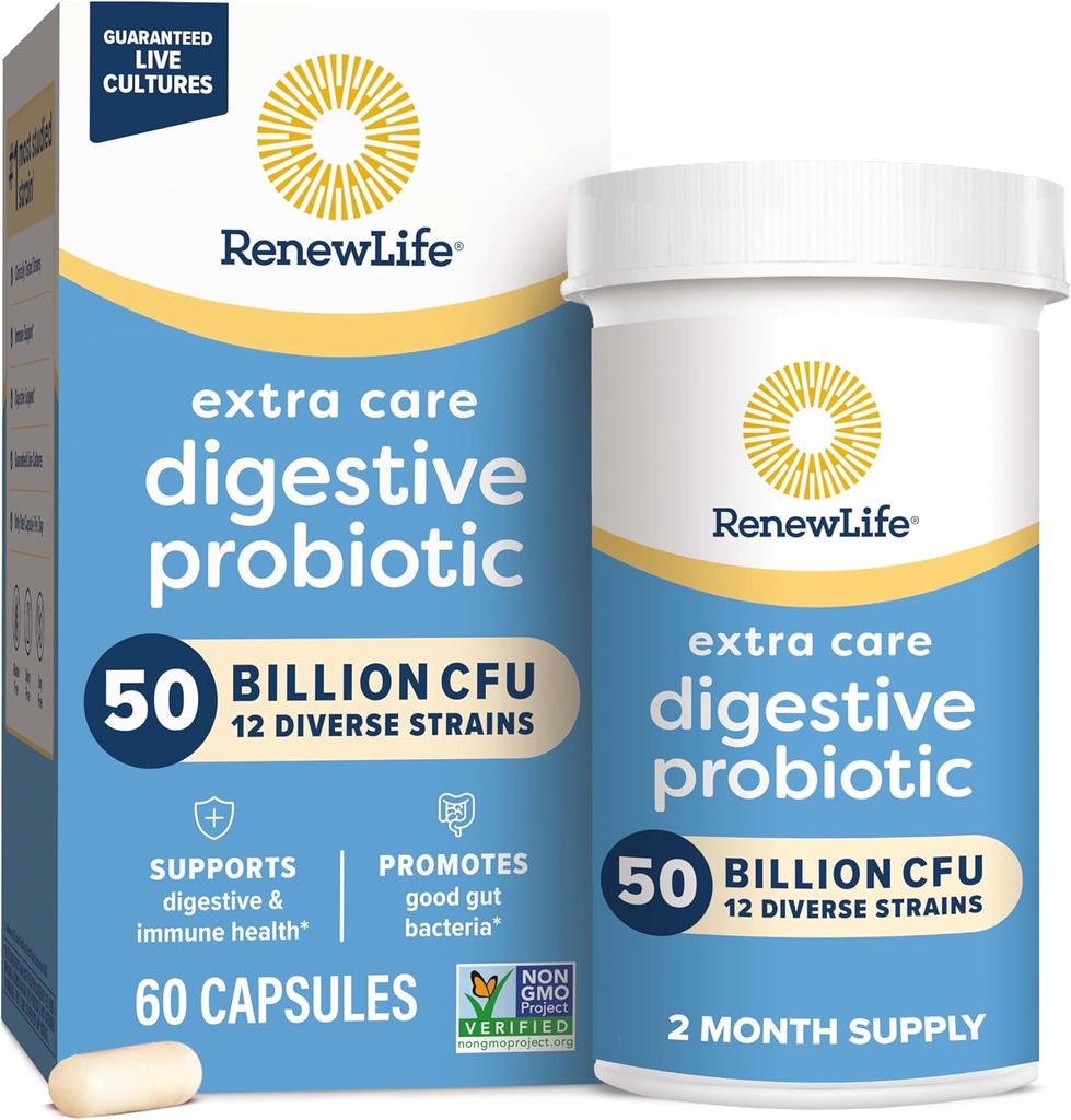 Renew Life Extra Care Дайджест Probiotic Capsules, 50 Billion CFU Гарантія, Щоденне доповнення підтримує Immune, Дайджест, Respiratory Health(1), L. Rhamnosus GG, Dairy, Soy і Gluten-Free, 60 Count