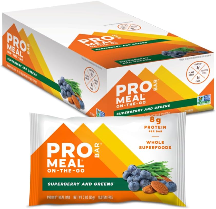 PROBAR - MEAL Bar, Superberry & Greens, Non-GMO, Gluten-Free, Healthy, Plant-Based, Ingrediente alimentare integrale, Energie Naturală (12 Conte)