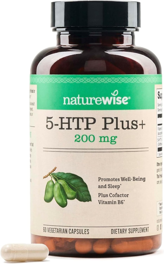 NatureWise 5-HTP 200mg Suplemento de sementes de Griffonia con cofactor vitamina B6 - soporte para o humor e axuda natural para o sono para adultos - retardado-Release, Vegan - 60 Conde[2-Month Supply]