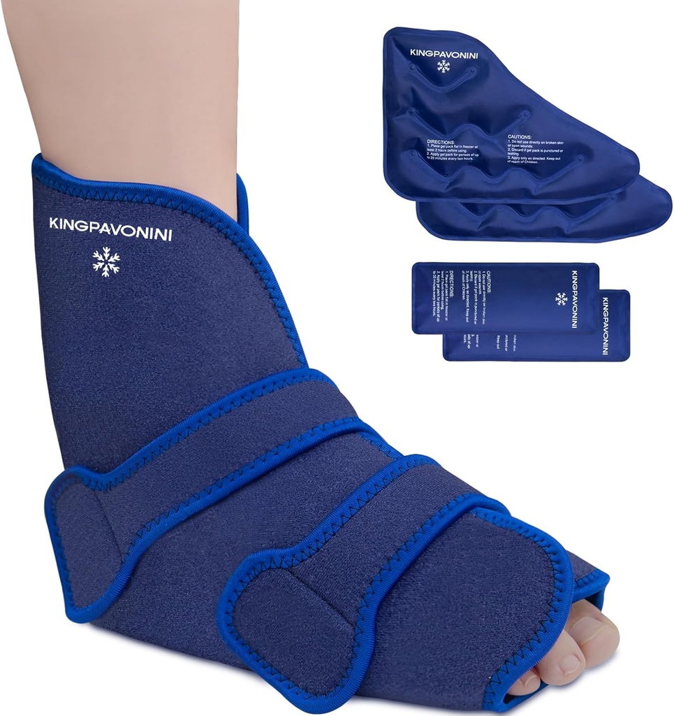 KingPavonini Ankle Foot Ice Pack Wrap Sprained Ankle and Surgery Recovery for, Reusable Gel Ice Pack for Feet Injuries, Plantar Fasciitis, Achilles Tendonitis, Hot/Cold Therapy (1 Wrap+4 Gel Packs)