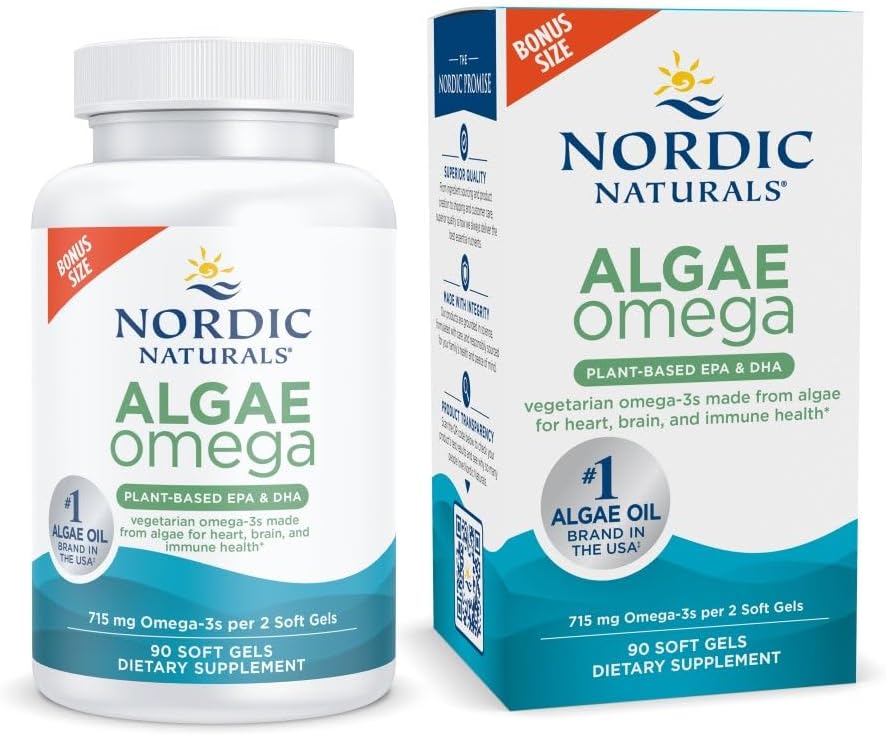 Nordic Naturals Algae Omega - 90 Soft Gels - 715 mg Omega-3 - Certified Vegan Algae Oil - Plantbasert EPA & DHA - hjerte, øye, immun- og hjernehelse - ikke-GMO - 45 Servering