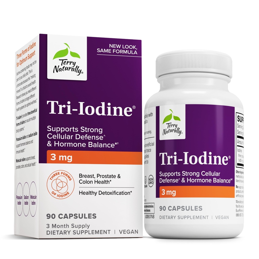 Terry Naturally Tri-Iodine 3 mg - 3000 mcg Iodine, 90 Vegan Capsules - Supports Hormone Balance, Promotes Breast & Prostate Health - Non-GMO, Gluten-Free, Kosher - 90 Servings
