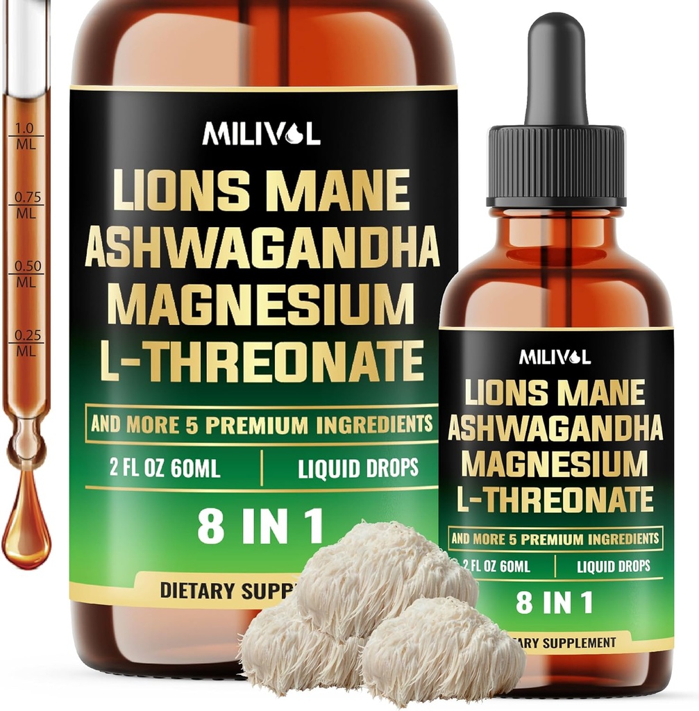 8in1 狮子马内液滴与 Ashwagandha 根, 镁L-Threonate & 5 草药 - Mood平衡,脑健康, Immune - 60天供应 - 2Fl oz