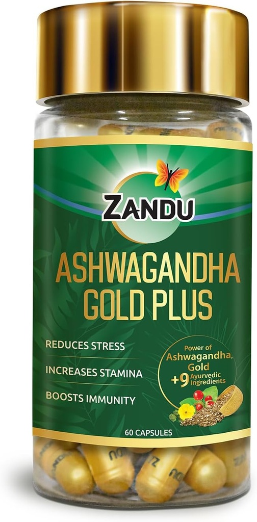 Zandu Ashwagandha Gold Plus, Виготовлений з золотом, Ashwagandha, Safed Musli, Shilajit & Інші аюрведичні інгредієнти, Допомагає Boost Stamina, Зміцнює імунітет, 60 Caps