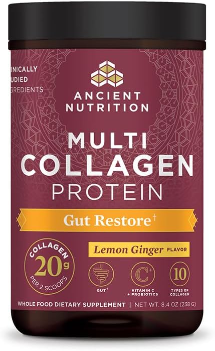 Ancient Nutrition Collagen Powder Protein, Multi Collagen Protein, Hydrolyzed Collagen Peptides soporta Skin and Nails, Complemento conxunto (Gut Restore, 20 Servings)