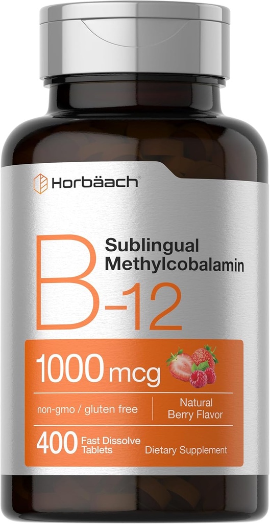 Horbaach Vitamina B12 1000 mcg Sublingual | 400 Tavole dissolve veloci | Integratore di metilecobalamina per le donne e gli uomini | Sapore di bacche | Vegan, Non OGM e Gluten Free