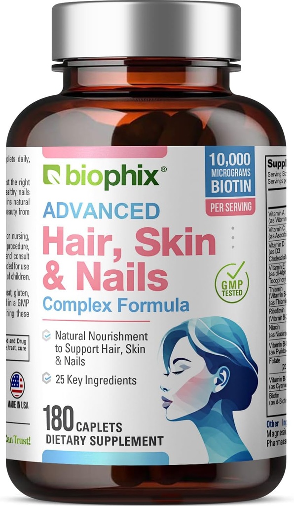 biofix Saç Skin və Nails Kompleksi 180 10,000 mcg Biotin ilə Caplets - Multivitamin Güclü Nails Beautiful Saç Sağlamlı Ağ