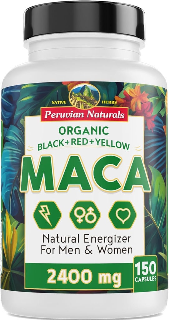 Kadınlar ve Erkekler için Organik Maca Root Capsules - 150 Pills Black, Red, Sarı Maca Supplement - Gelatinized Macaroot, Non-GMO, Vegan by Peruvian Naturals
