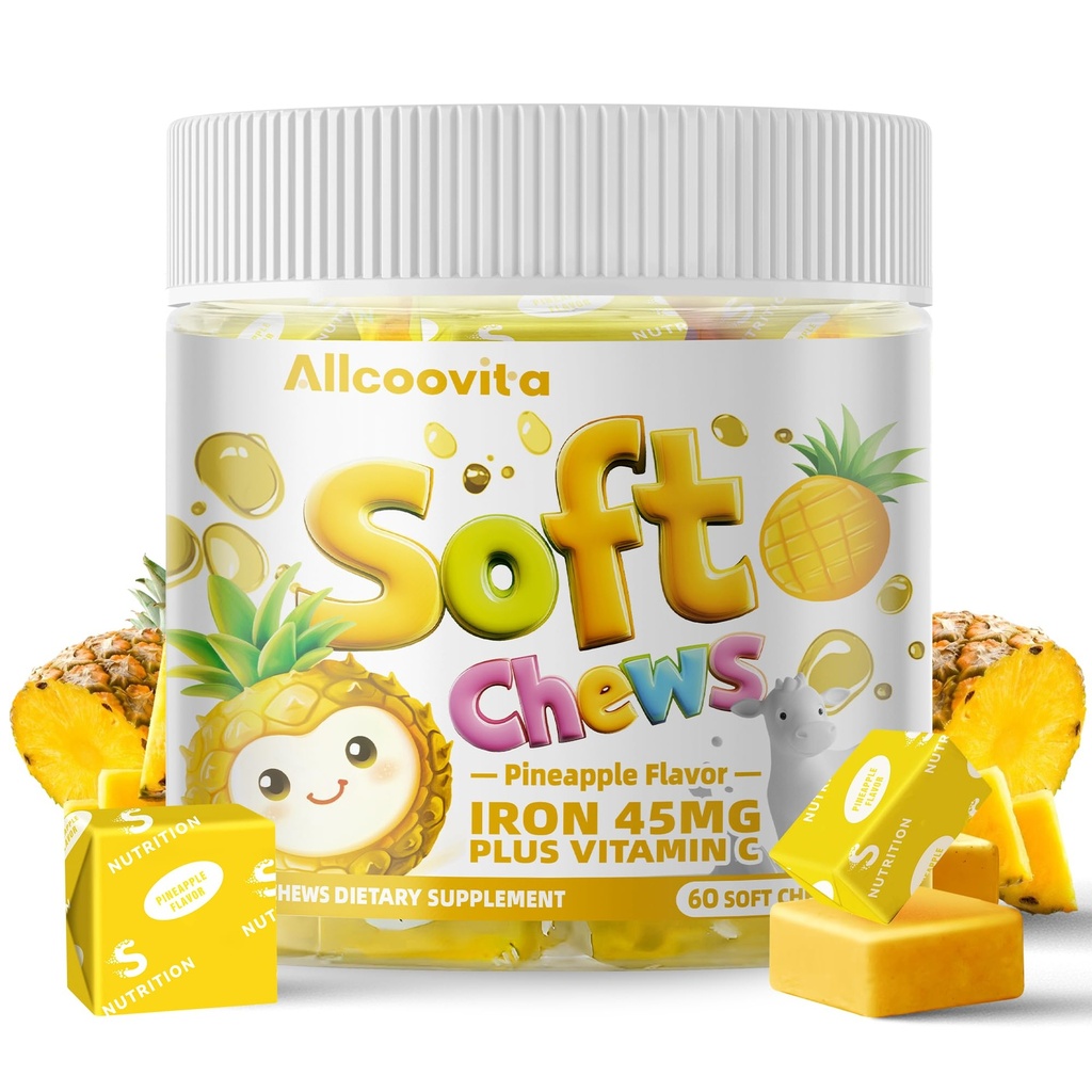 Iron Soft Chews Supplement with Vitamin C | Pineapple Flavored | Gluten Free | Iron Supplement for Women Men and Kids | 60 Count | 2 Month Supply