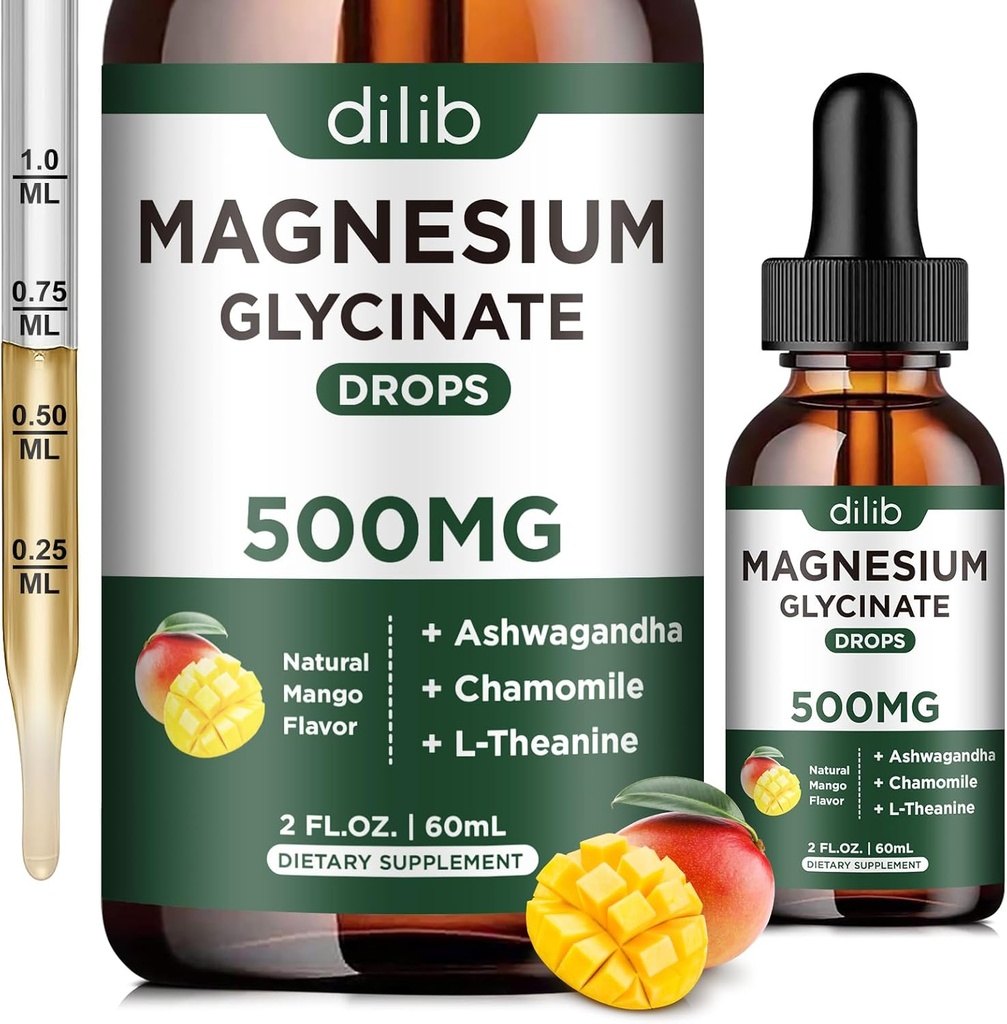 Magnezij Glycinate dodatek, Magnezij tekoče kapljice z Magnezij Glycinate 500mg Ashwagandha, L - Theanine, Kamilica -Podpora Stress Relief, kosti, mišice, Mood Vegan Natural Mango Flavor