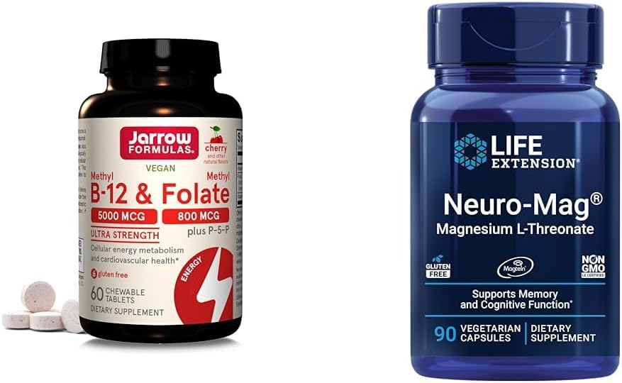 Formules Jarrow Ultra Strength Méthyl B-12 5000 mcg & Methyl Folate 800 mcg + P-5-P & Life Extension Neuro-mag Magnésium L-thréonate, Magnésium L-thréonate, Santé du cerveau, Mémoire et attention